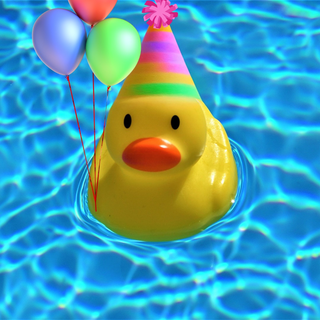 water rippling background with a yellow duck floating, wearing a birthday hat and holding balloons